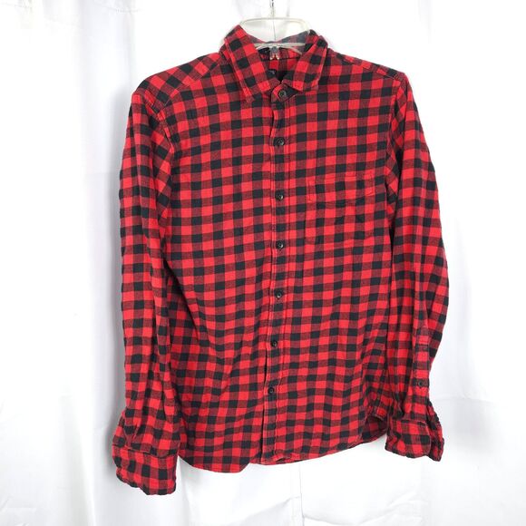 J Crew Mens Small Red Black Plaid Flannel Slim Fit Button Down Up Outdoor Shirt - Picture 1 of 7